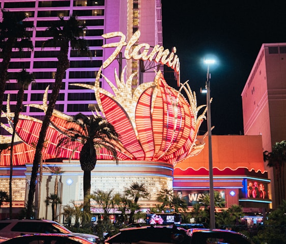A brightly lit casino with neon lights in vibrant red, pink, and blue, featuring a large flamingo signage. Palm trees are visible in the foreground with vehicles passing by on the street at night.